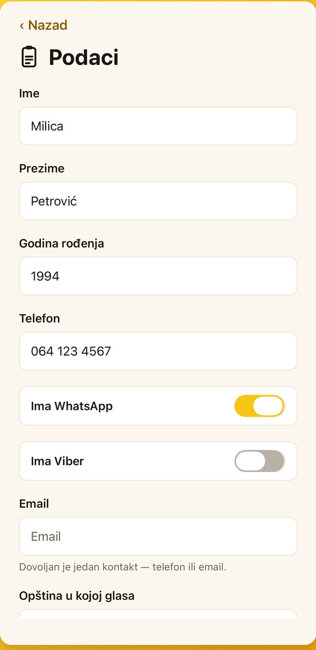 Ekran Podaci u aplikaciji Eho sa poljima Ime, Prezime, Godina rođenja, Telefon, Email i Opština u kojoj glasa