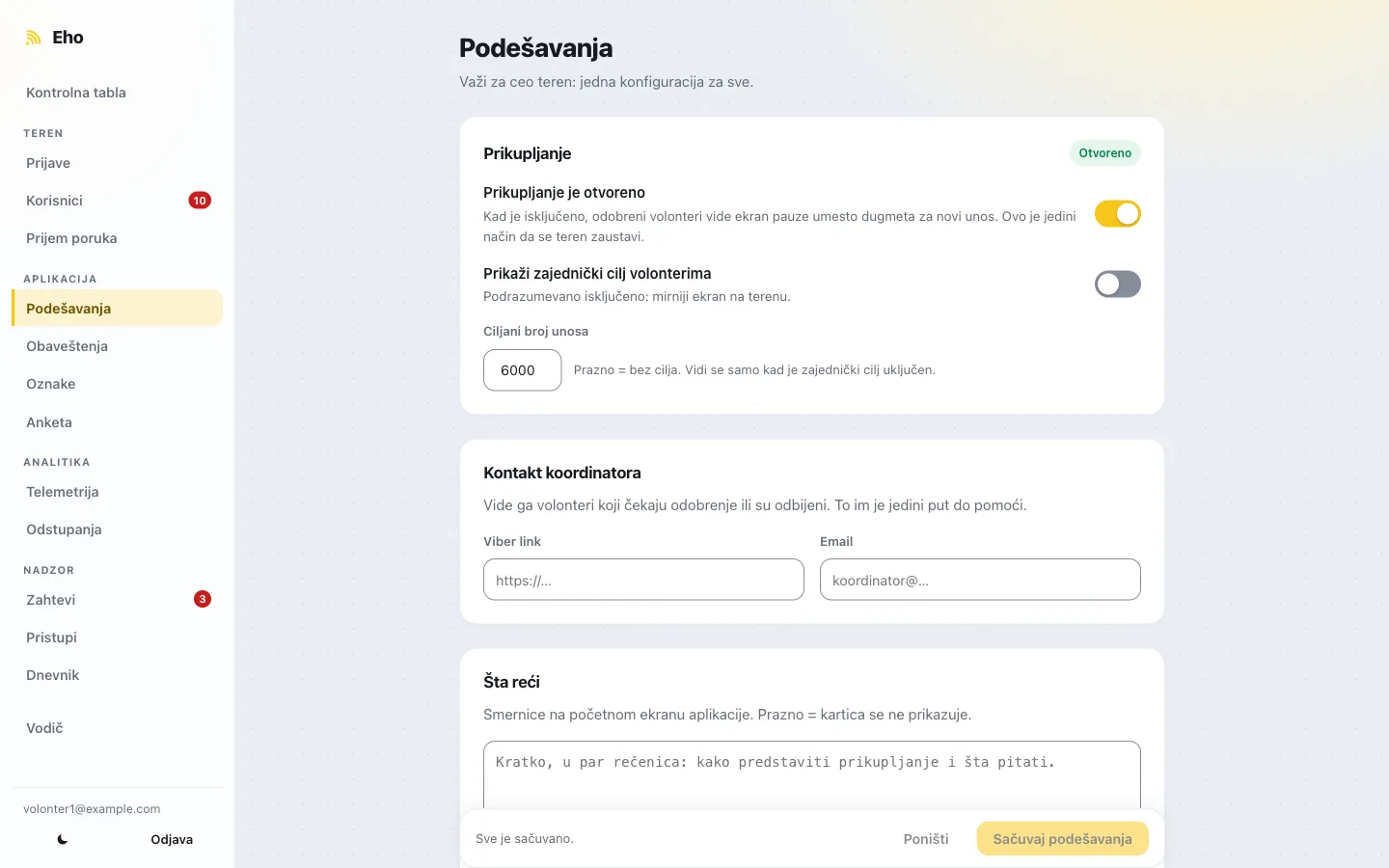 Stranica Podešavanja: prekidač Prikupljanje je otvoreno uključen, ciljani broj unosa, kartice Kontakt koordinatora i Šta reći, i traka na dnu sa dugmetom Sačuvaj podešavanja